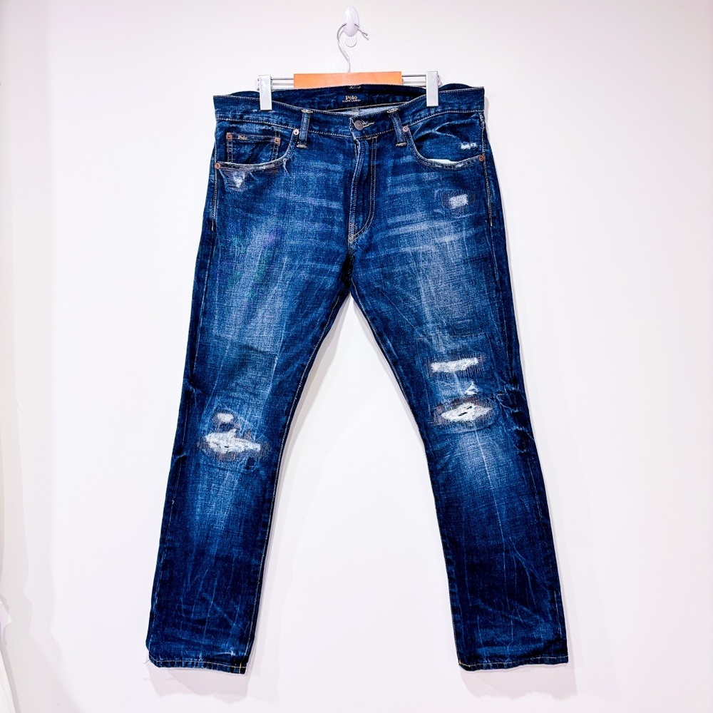 POLO RALPH LAUREN Blue Distressed Straight Leg Jeans Faded Denim Size‎ 33
